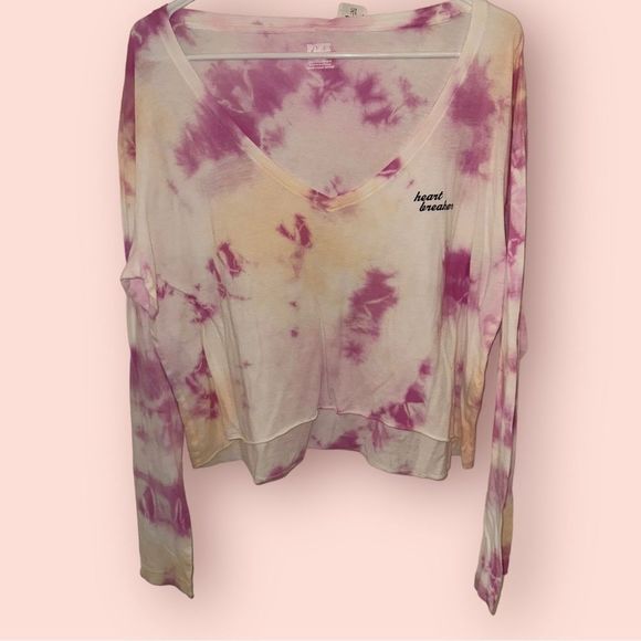 PINK Victoria's Secret Tops - PINK VS (Medium) Heart Breaker Tie Dye V-Neck Long Sleeve Crop Top